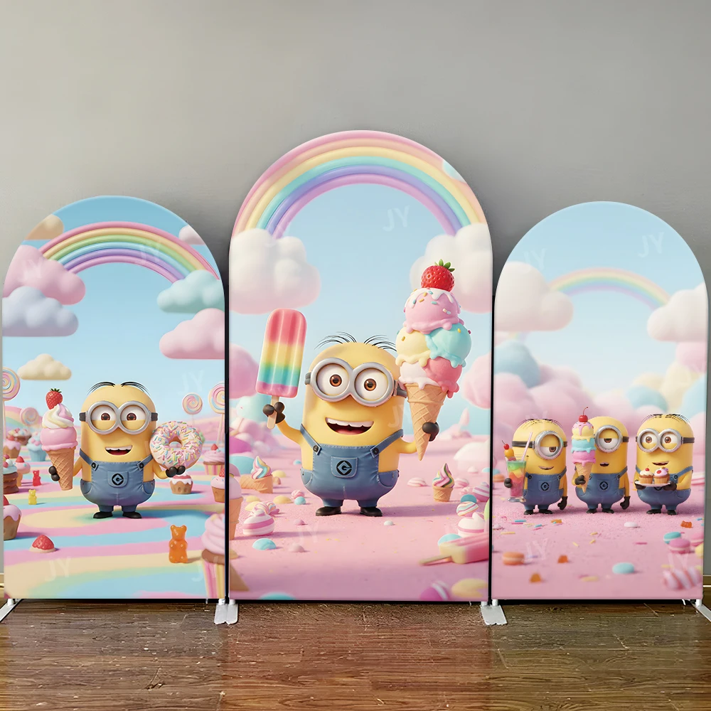 

Pink Rainbow Minions Arch Backdrop Cover Sweet Themed Backdrop for Kids Birthday Party Baby Shower Photo Booth Event Supplies