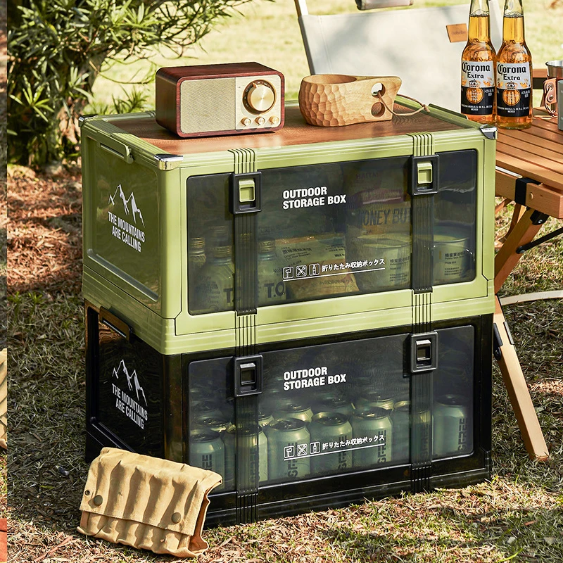 

Outdoor camping box, camping car backup organizer, travel essential wooden cover, foldable thick plastic storage box