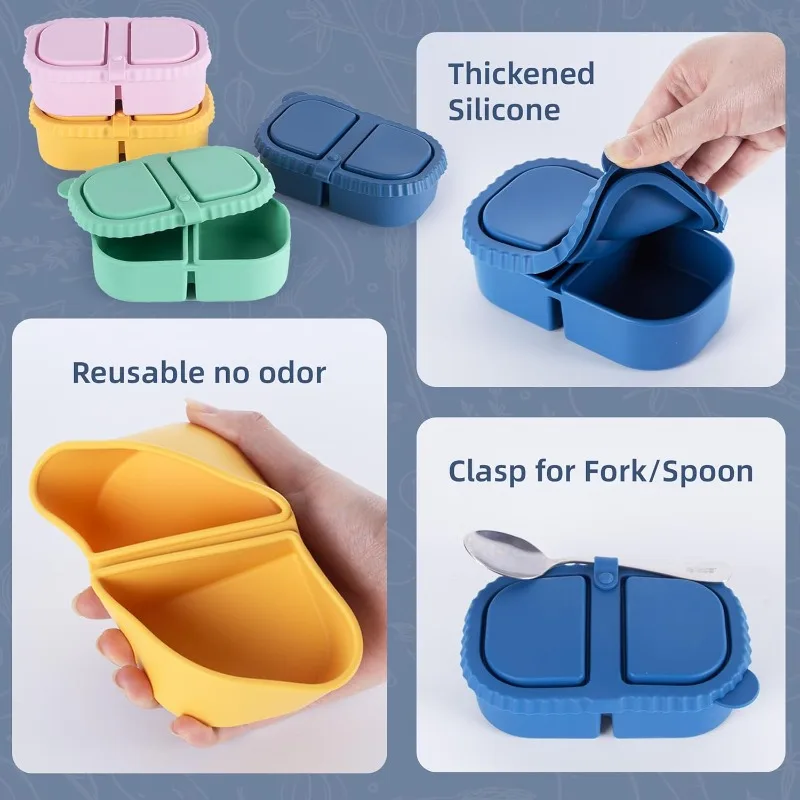 Silicone Snack Containers with Lids,Protable Leakproof Double Compartment Reusable Snackle Boxfor Lunch Office Travel