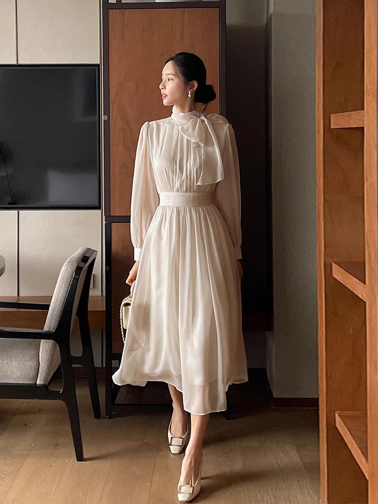 Elegant Spring Chic Stand Collar Sash  Knot Long Sleeve Chiffon Dress Slimming Waist High Waist Commute Style