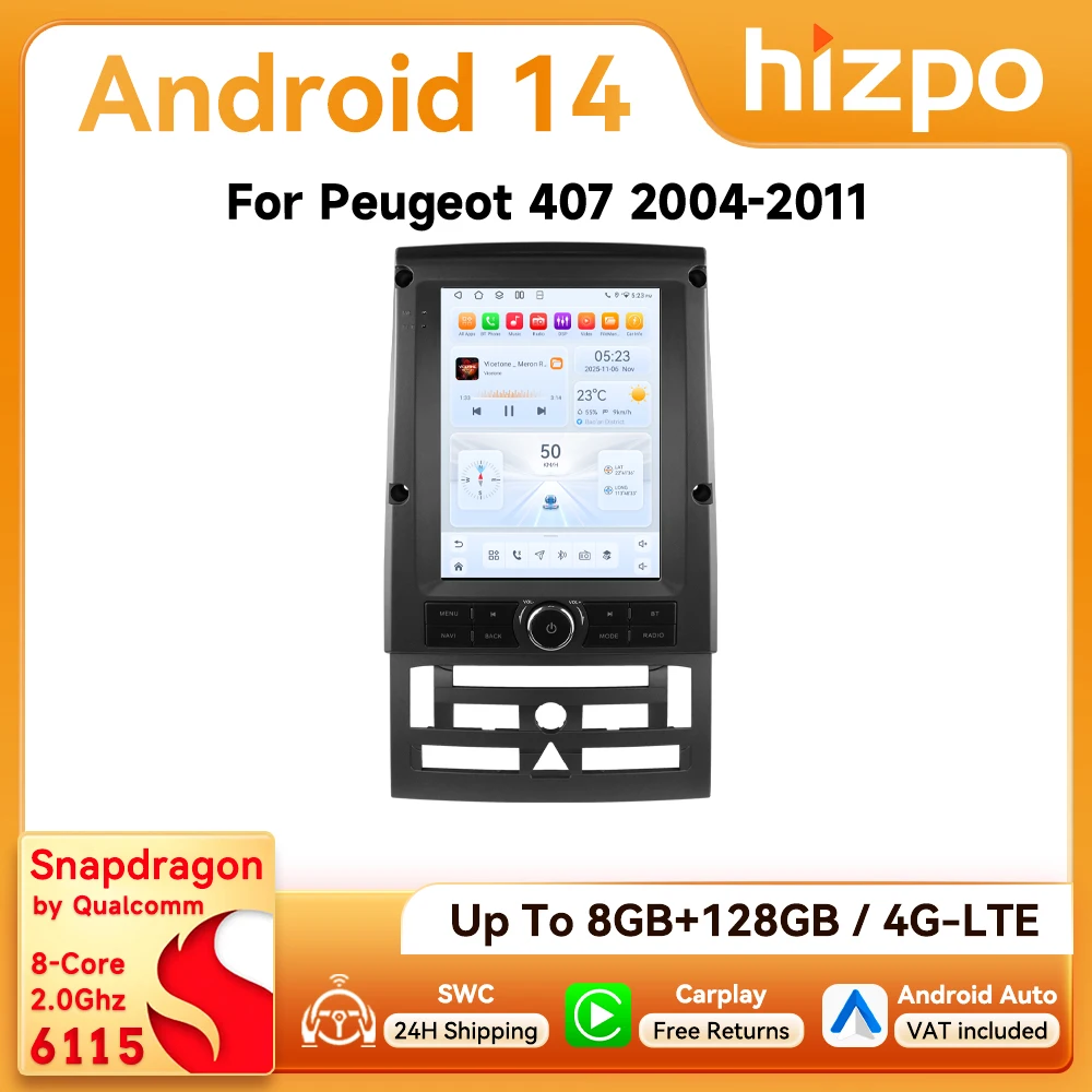 Autoradio Android Hizpo 9,7 pouces pour Peugeot 407 2004 - 2011, écran style Tesla, 4G BT RDS DSP Auto Carplay Snapdragon 6115 360CAM