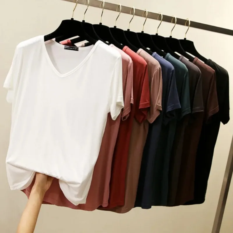 Neues Sommer-Strick-Modal-Damen-T-Shirt, lockerer V-Ausschnitt, Kurzarm-Oberteile, elegante Shirts für Damen, Basic-Elastizität, Damenbekleidung