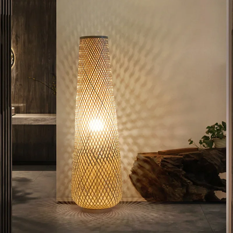 Japanese Style Floor Lamp Bamboo Weave Wood Cylinder Tea room Parlor Bedroom Floor Lights Strange Light E27 LED 110-220V