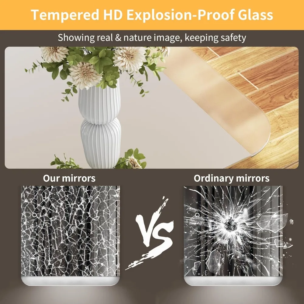 Espejo de baño LED retroiluminado rectangular con esquinas redondeadas, espejo de tocador sin marco regulable e resistente a roturas