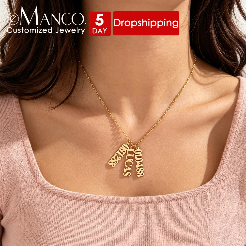 EMANCO Customized Ladies Name Necklace Stainless Steel Vertical Letter Pendant Box Chain Necklaces Jewelry Wholesale