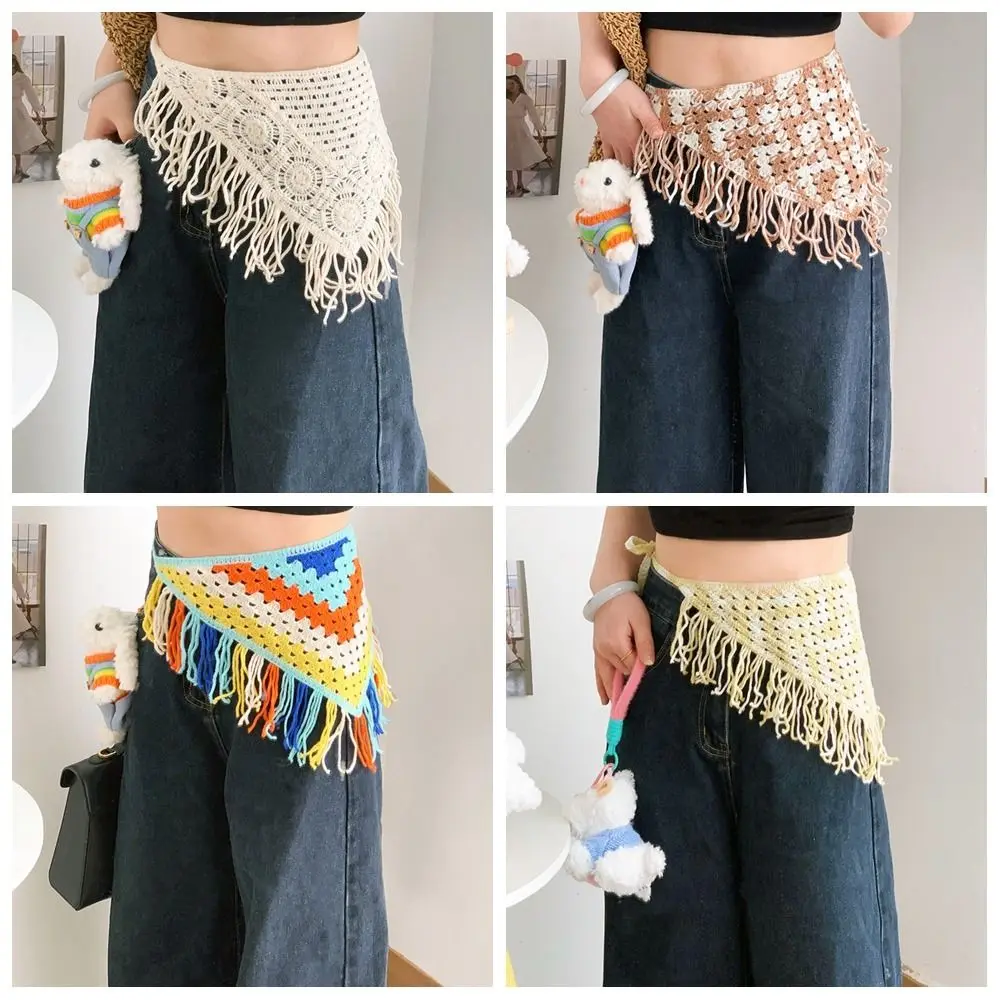 Foulard a triangolo lavorato a maglia con turbante bohémien Scialle colorato Fascia in vita in stile etnico con sciarpe con frange Grembiule avvolgente Ragazze piccanti