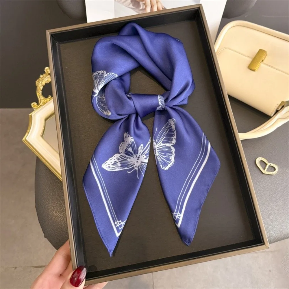

Versatile Elegant Women Scarf Square Shape Butterfly Print Neckerchief Silk Imitation Foulard Women Accessories