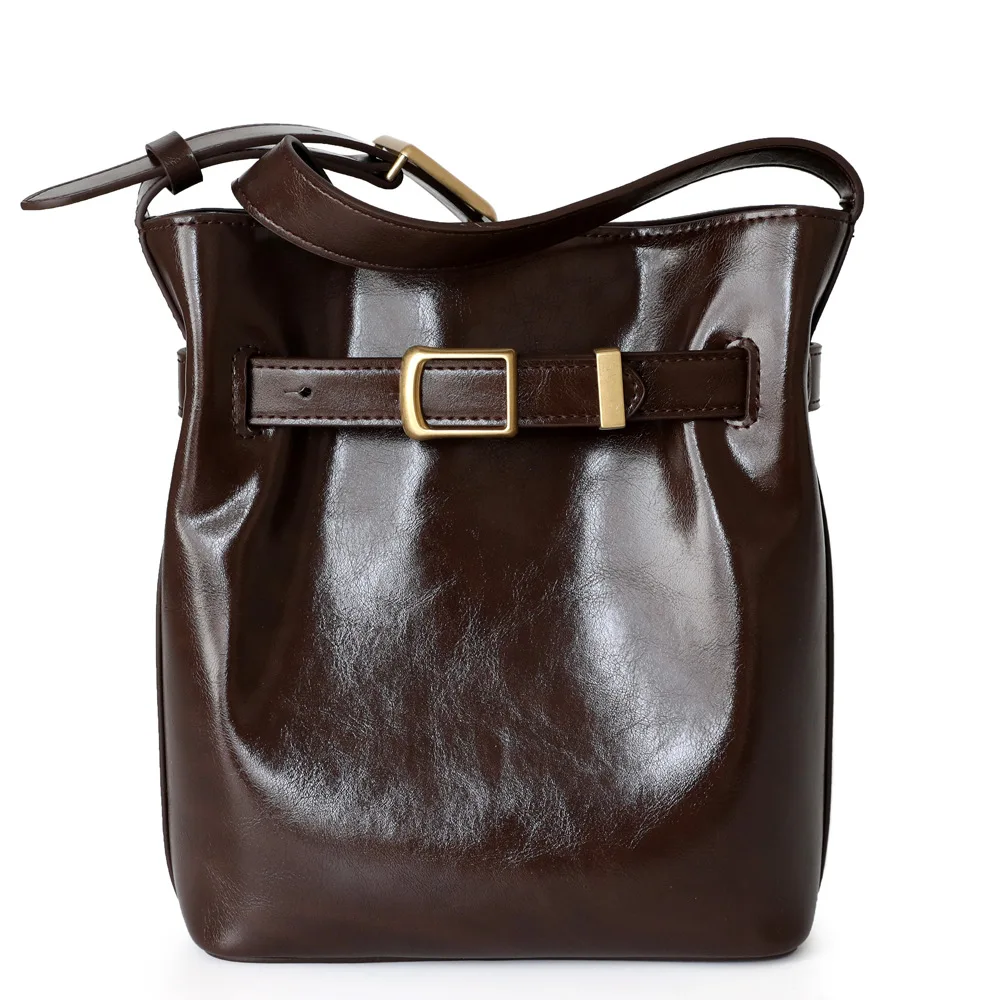 2024 Genuine Leather Bucket Bag for Women Oil Wax Vintage Messenger Bags High Quality Simple Handbag Lady Shoulder Luxury Bag