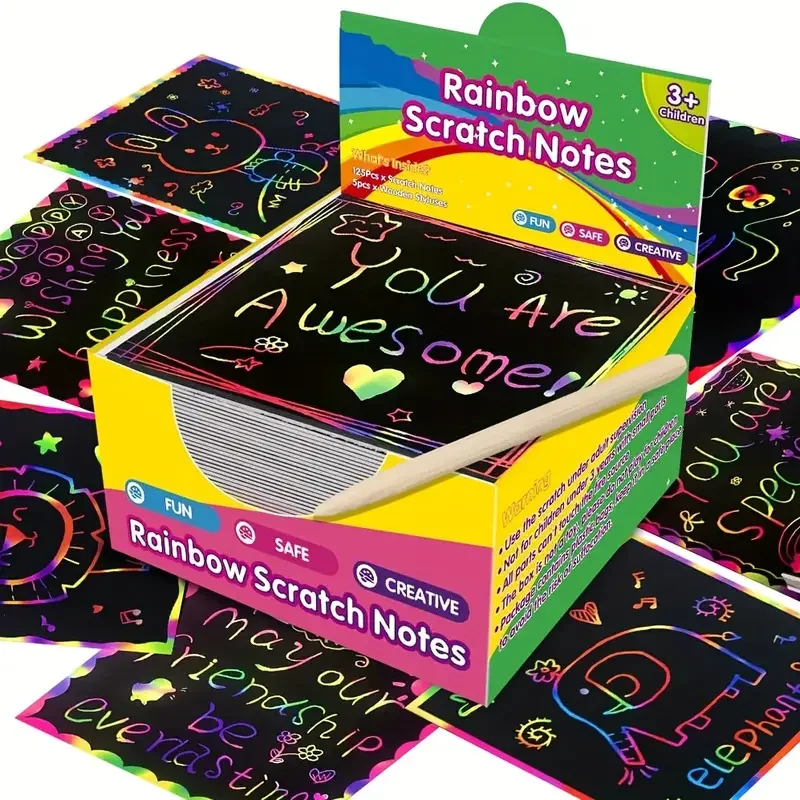 

100Pcs/set Scratch Paper Magic Color Rainbow Scratch Mini Notes Black DIY Painting Board Drawing Book Toys For Kids Navidad Gift