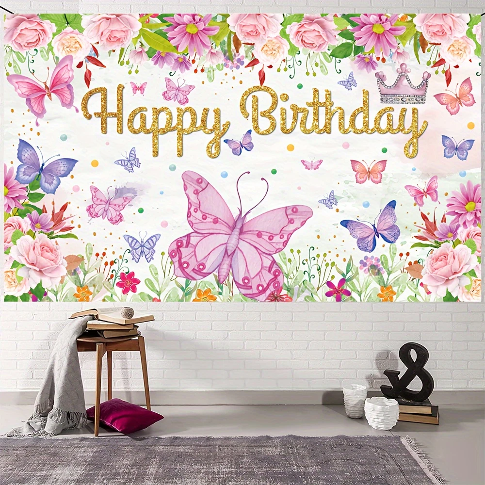 Colorful butterfly birthday party decoration background, spring themed celebration event background banner decoration