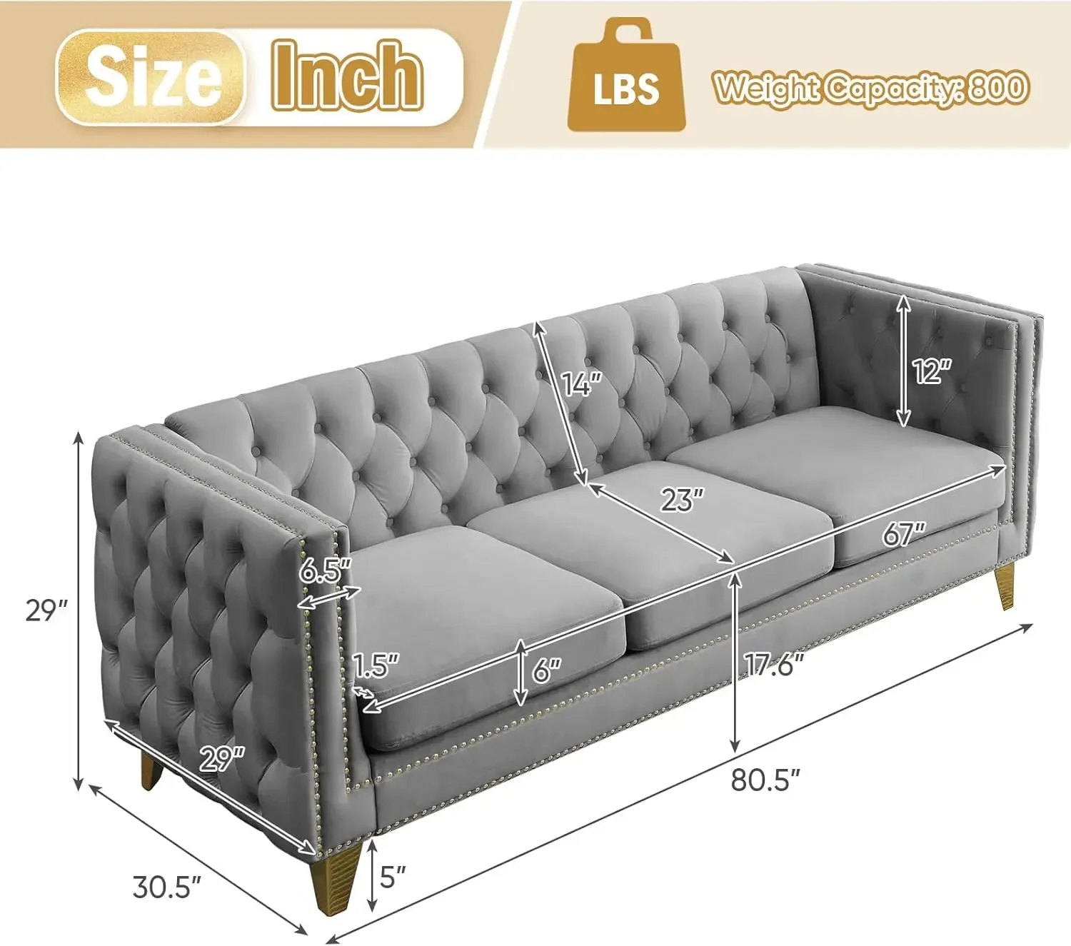 Velvet Living Room Sofa Set of 2, Comfy Loveseat and 3 Seater Couch, Modern Sofa with Tufted Back and Rivet Decoration