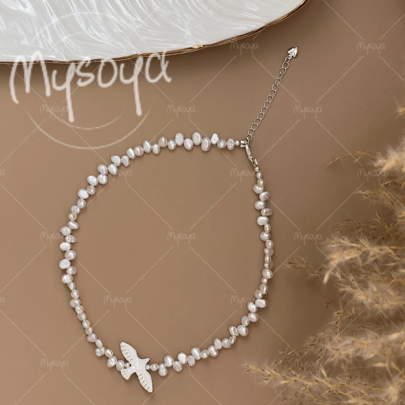 MYSOYA 5-6mm White Baroque Freshwater Pearl & Pigeon Pendant Necklace, for Birthday/Wedding/Mother's Day/Father's Day Gift A0814