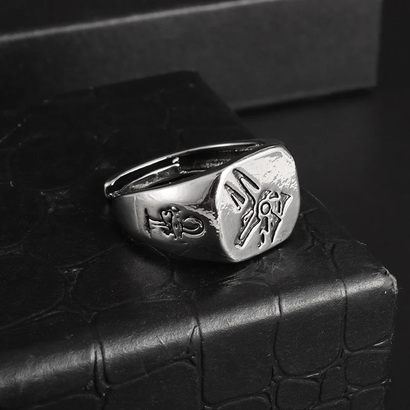 Vintage Mystical Ancient Egyptian Mythology Horus Anubis Signet Frosted Metal Open Ring for Men Classic Cool Rune Amulet Jewelry