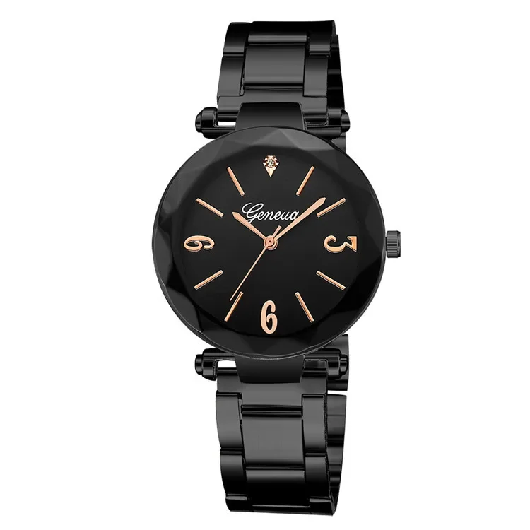 Geneva-relojes de lujo para Mujer, pulsera de cuarzo con banda de acero inoxidable, color negro, a la moda