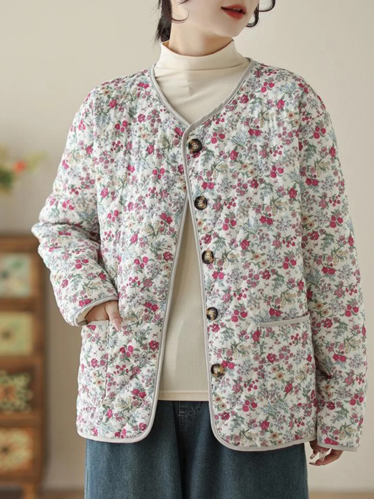 

High-End Winter New Single Button Long Sve Cotton Jaet Loose Floral Women's Outerwear Retro Sle Comfortable Cotton Coat