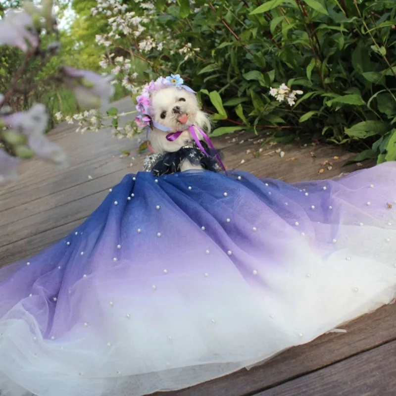 Tailor-Made Dog Cat Long Tail Wedding Dress, Starry Blue and Purple Gradient Bride Party Dress,Gifts for Dog Lover Dog Birthday