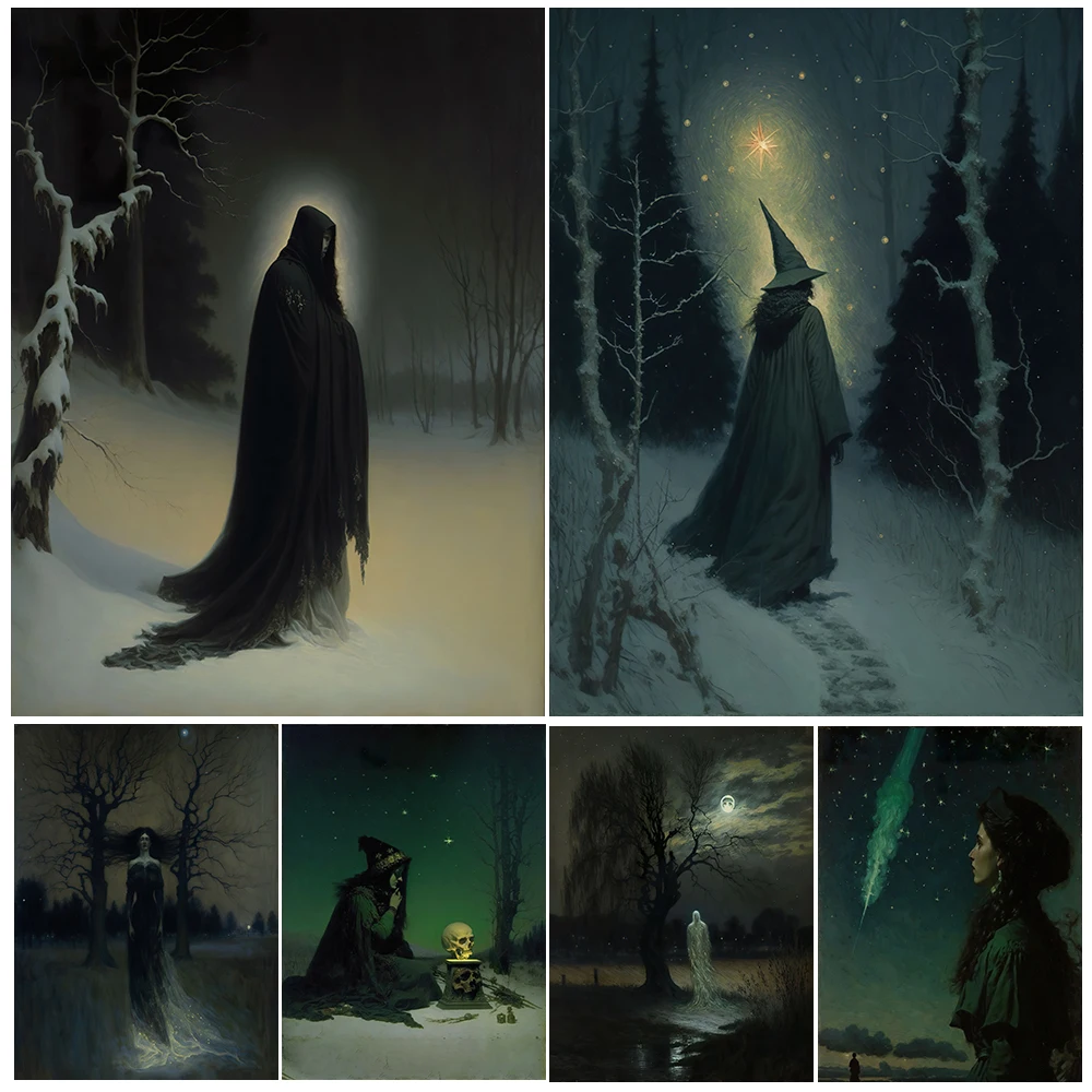 Forest Witches And Astrologers In The Dark Night Vintage Wall Art Canvas Print Witchcraft Demon Worship Art Poster Print Decor