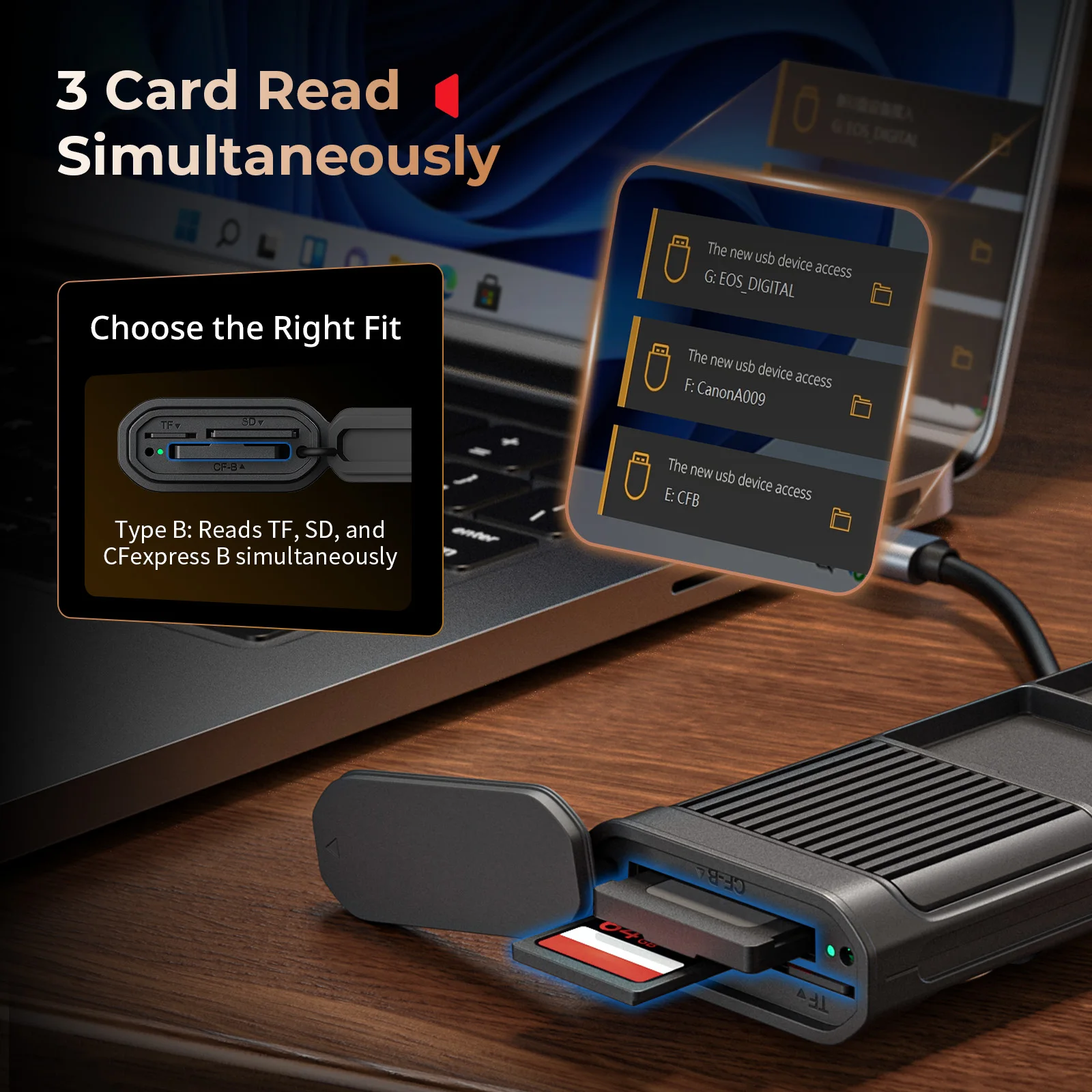 قارئ بطاقات صغير متعدد الوظائف وحقيبة تخزين CFexpress Type A / B نقل ثلاثي الفتحات عالي السرعة مع فتحة AirTag 5361