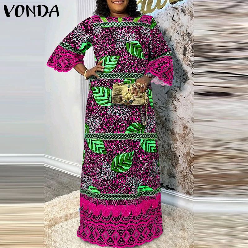 VONDA grande taille 5XL automne femmes mode bohème imprimé Robe col rond Vintage 3/4 manches évasées Robe d'été Robe de fête