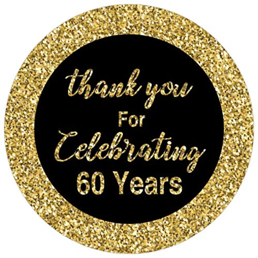 

60th Birthday Thank You Stickers - Black and Gold Favors Anniversary Party Decorations 1.75 Ih Round Circle Label Stickers Pack