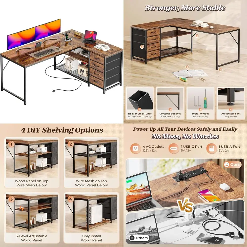 

53 Rustic Brown L-Shaped Desk with Power and USB-C Ports, Reversible for Office, Gaming, or Study with 4 Fabric Drawers and 2 Ad