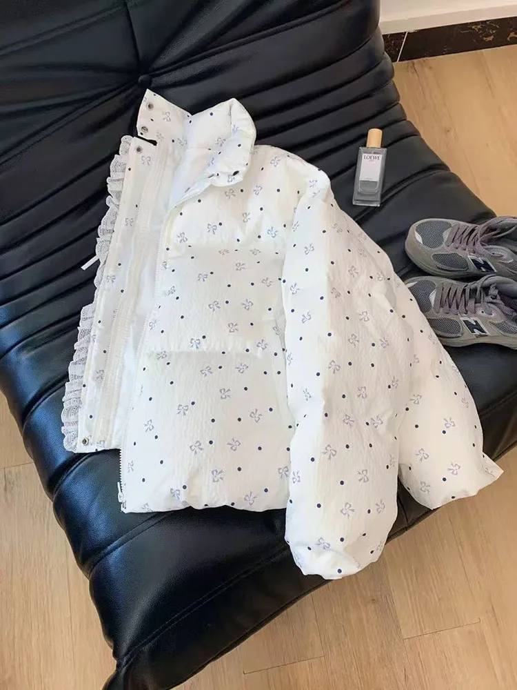 الدانتيل المرقعة سترات للإناث Y2K الكورية فضفاضة Preppy سترة منفوخة غير رسمية الحلو القوس الطباعة سميكة سستة رقيق أسفل معاطف