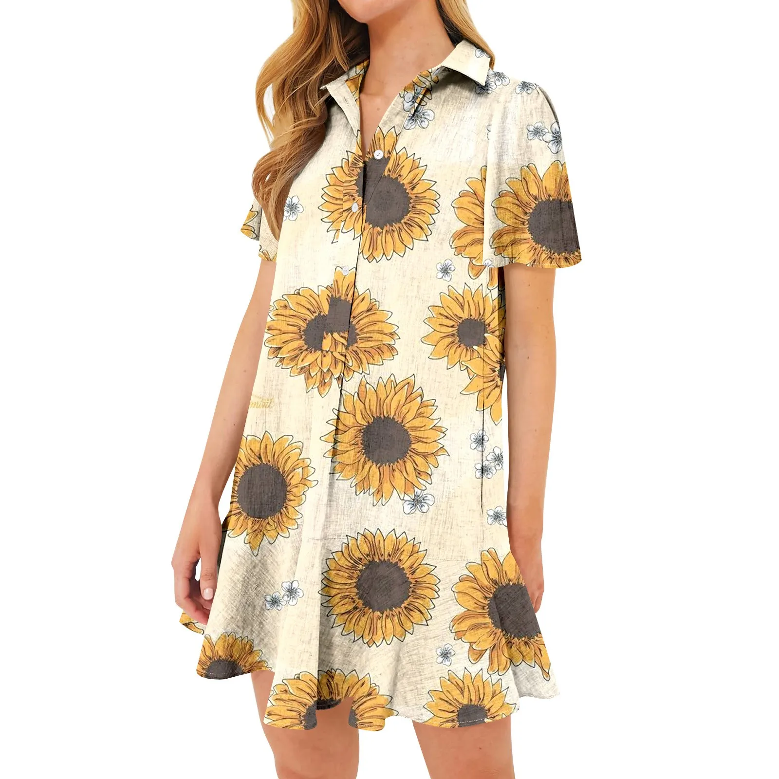 Luxury Dresses Women 2024 Women'S Casual Half Open Shirt Hem Ruffle Sunflower Print Short Sleeve Dresses Vestidos Juveniles