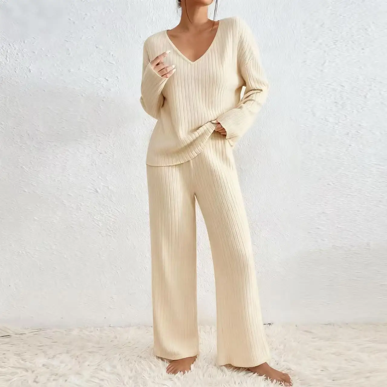 Damen Geripptes Strick-Zweiteiler-Set V-Ausschnitt Langarm-Oberteil Weite Hose Herbst Locker Lässige Loungewear Eleganter Hausanzug – Detail 20