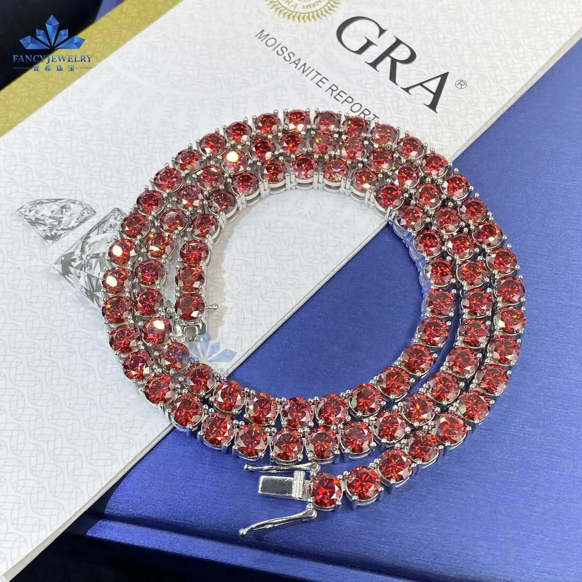 S925 necklace Moissanite Garnet Red Tennis Chain Bling HipHop Jewelry Iced Out VVS Moissanite Diamond Necklace 3mm 4mm 5mm 6.