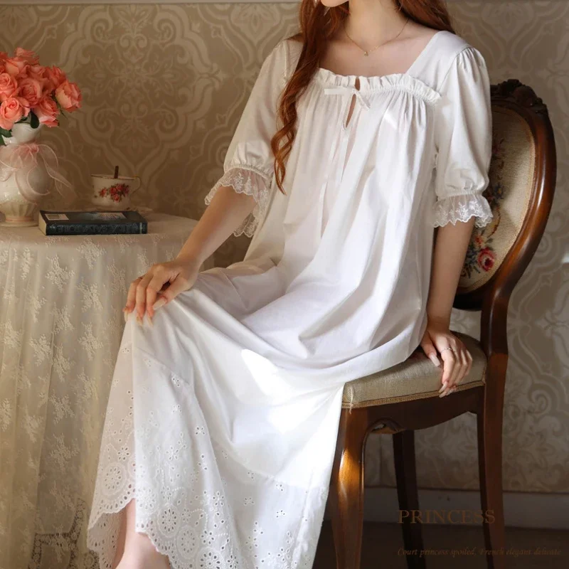 

Vintage Victorian Embroidery Cotton Nightdress Spring Summer Loose Square Collar Short Sleeve Nightgown Princess Long Sleepwear