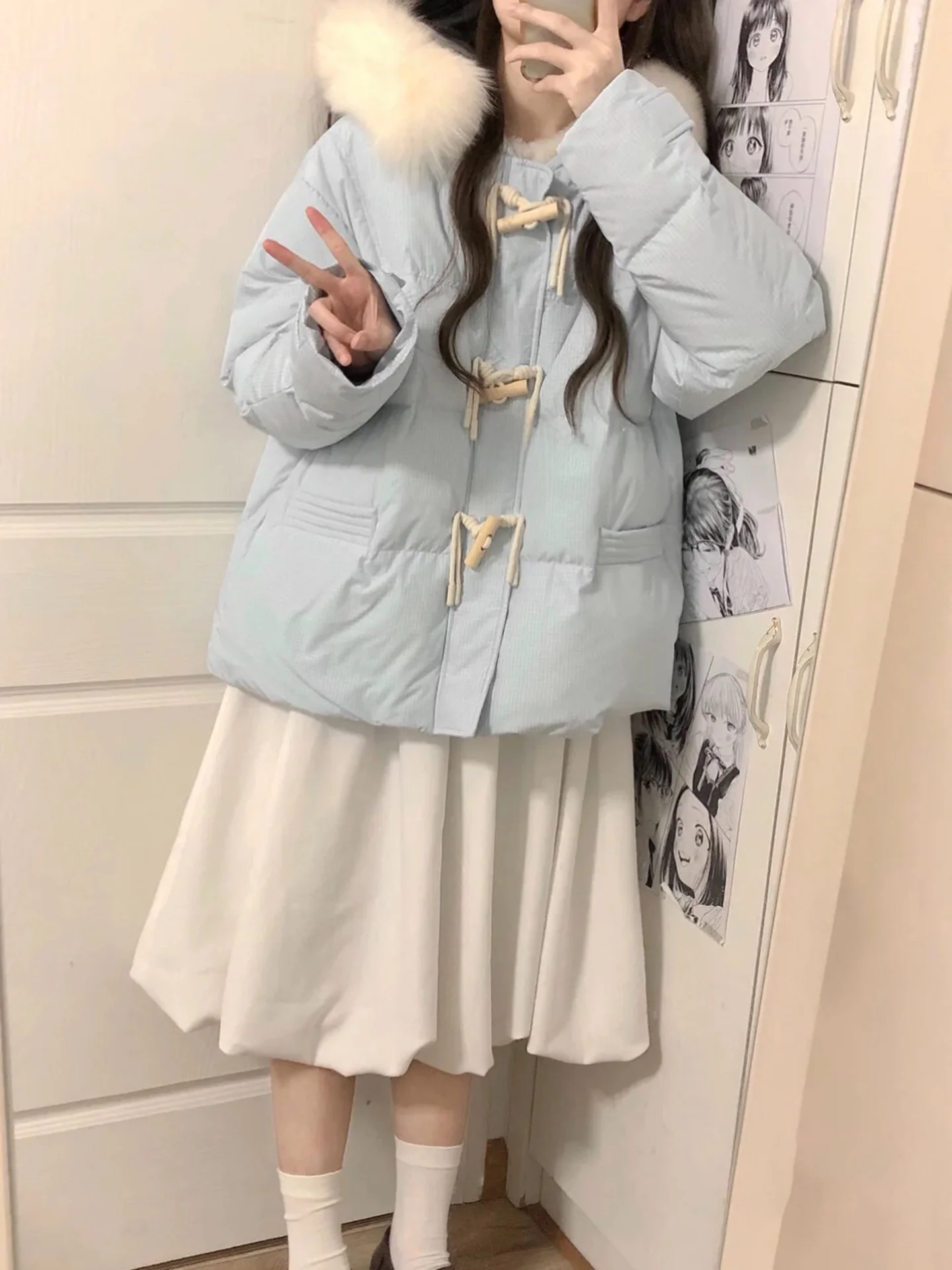 블루 루즈핏 퍼퍼 재킷, 큰 퍼 칼라, 티엔드 브레드 슬레 여성 겨울 코트, 한국 스타일 버튼 디테일