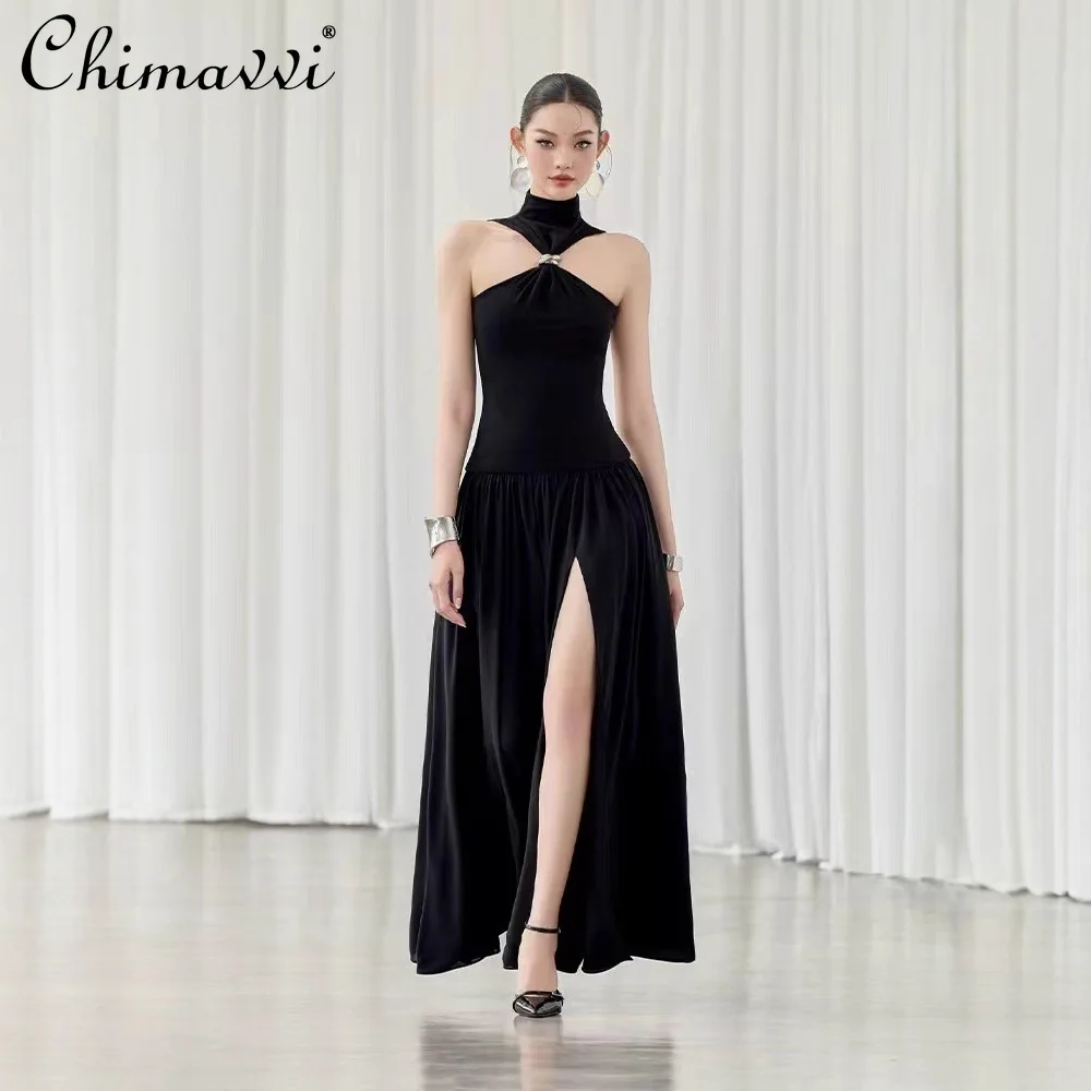 

French Elegant Temperament Halter Neck Irregular Evening Dress Sleeveless Off Shoulder Sexy Slim Split Black Long Dresses Women