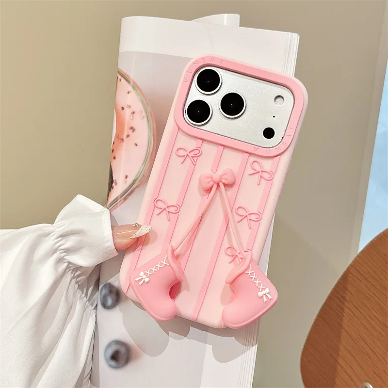 3D-Cartoon-Rosa-Stiefel, Schleife, Anhänger, gestreift, Handyhülle für iPhone 17, 16, 15, 14, 13, Pro Max, Plus, weiche, stoßfeste Silikonhülle
