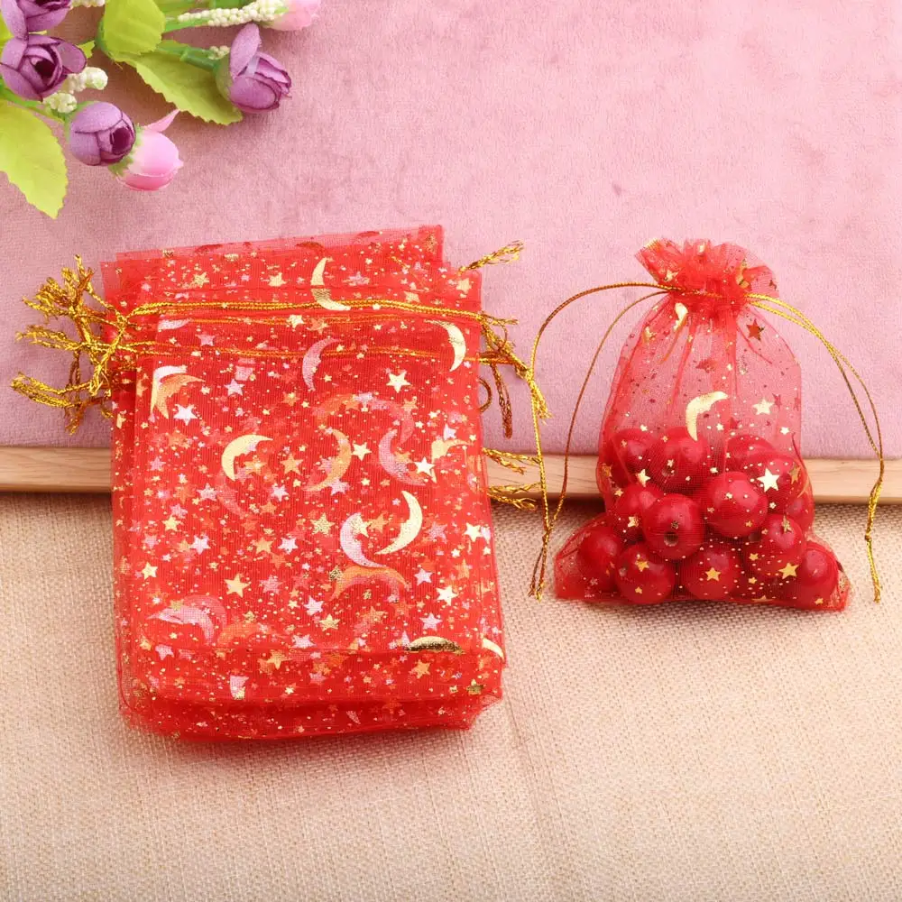 25/50 Stuks 7x 9/9X1 2/10X1/13X18Cm Ster Maan Organza Cadeau Zakken Mini Sachet Goud Kleur Trekkoord Tas Sieraden Verpakking Zakjes