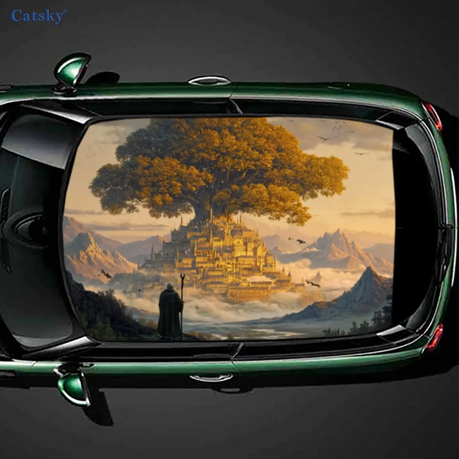 Traveler Before the Giant Tree Castle PVC material self-adhesive waterproof car roof sticker, paste firm and anti-ultraviolet, w