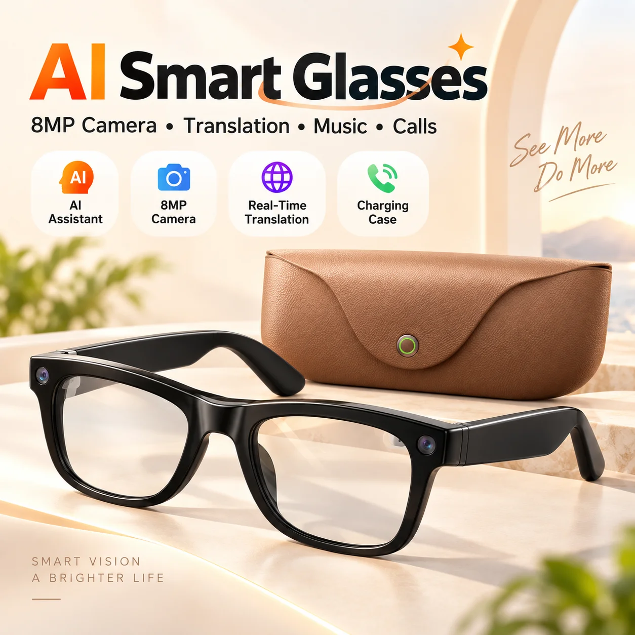 AI Smart Glasses with 8MP Camera Real-Time Translation Hands-Free Video Bluetooth Calls Open-Ear Music Charging Case