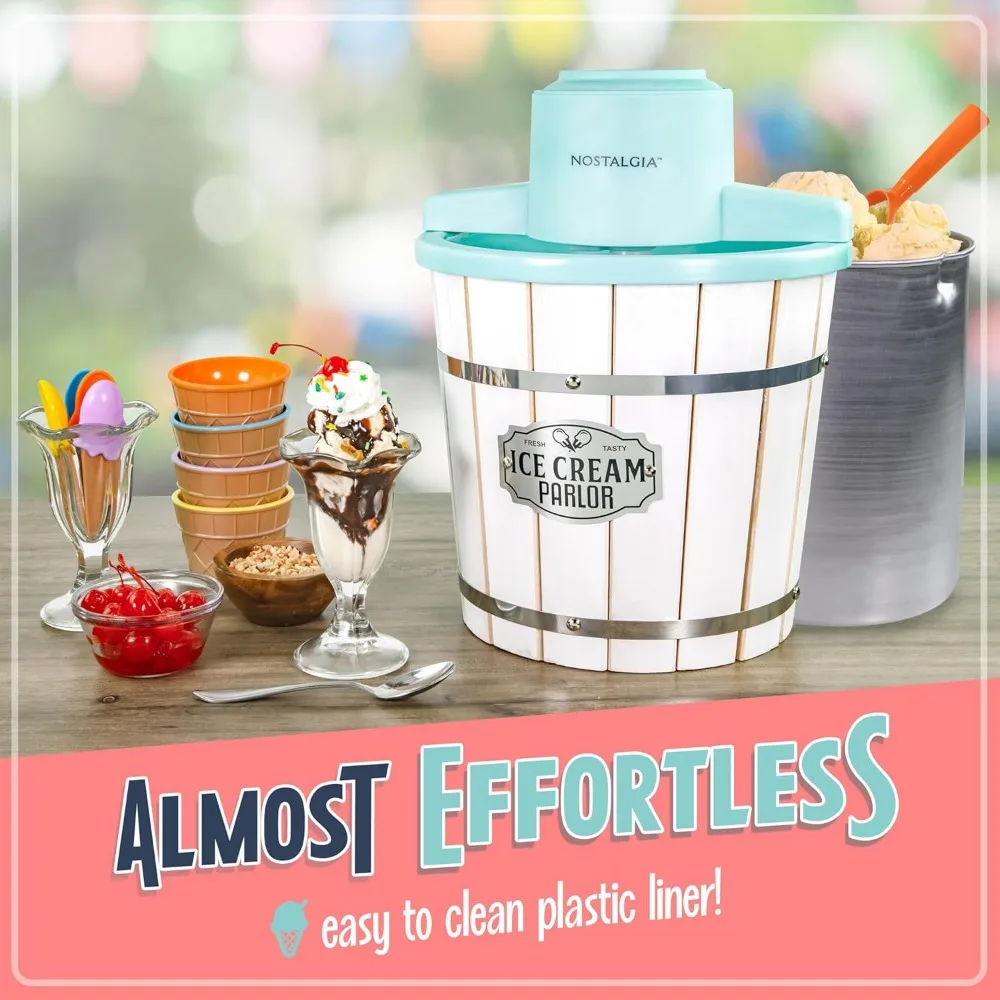 Ice Cream Maker – Wood Bucket Parlor Style, Makes Frozen Gelato in Minutes - Fun Kitchen Appliance – White & Aqua - 4 Quart