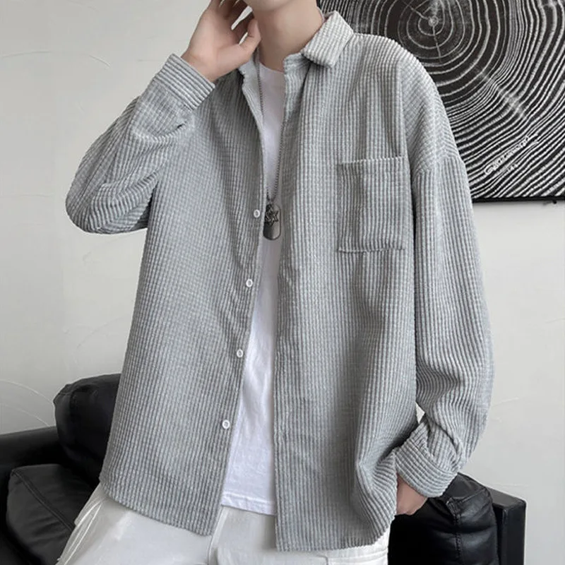 Spring Autumn Casual Vintage Corduroy Loose Blouse Man Long Sleeve Button Fashion Pocket Male Shirt All Match Streetwear Clothes