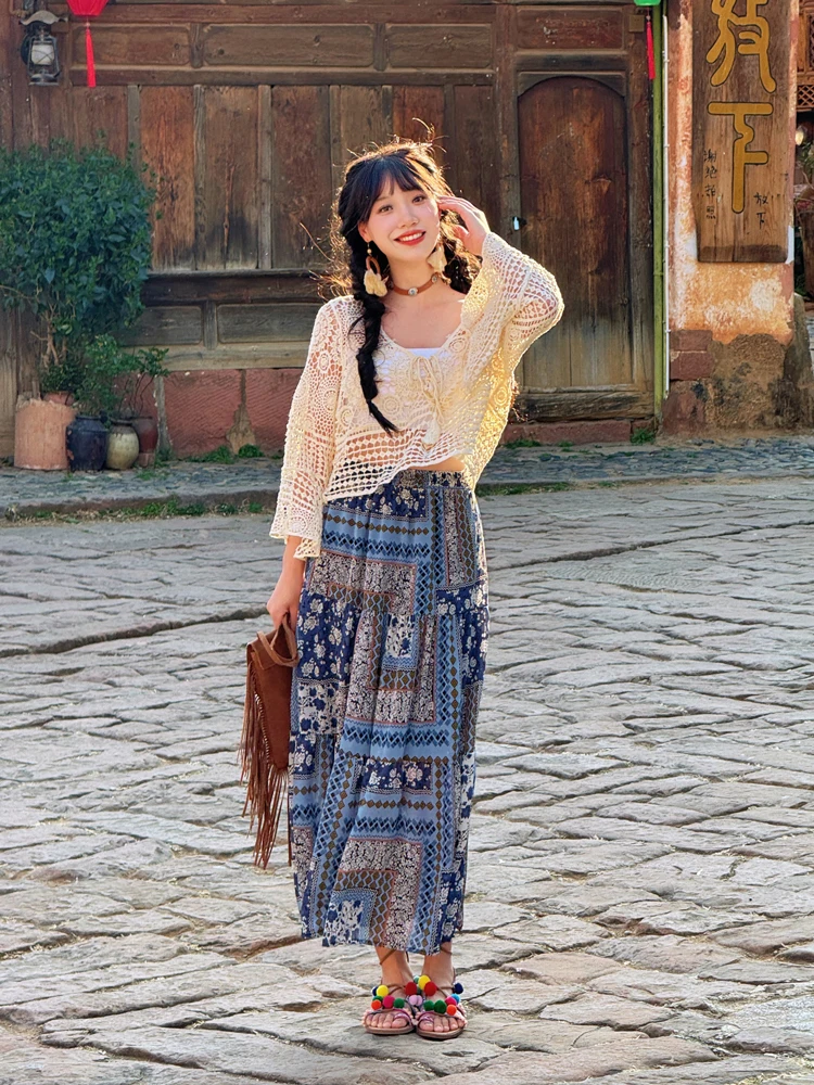 

Женская длинная юбка А-силуэта с цветочным принтом, свободного кроя, тонкая, с высокой талией, из полиэстера