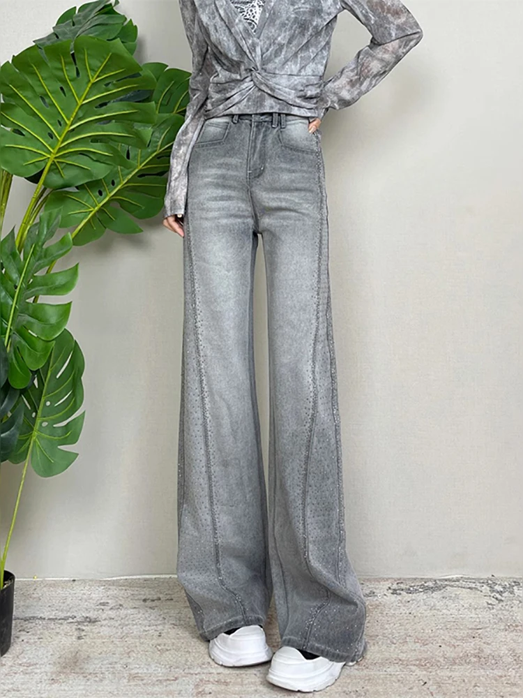 

Light Blue Rhinestone Jeans for Women Spring 2025 New High Waist Diamonds Design Straight Leg Wide Leg Pants Versatile Long Pant