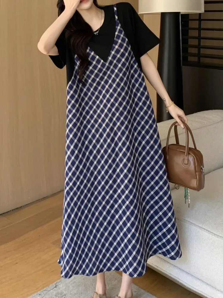 Nep tweedelige plus size zomer damesjurken satijn patchwork print vestidos vakantiestijl T-shirt vrouw jurk vrouwelijke kleding