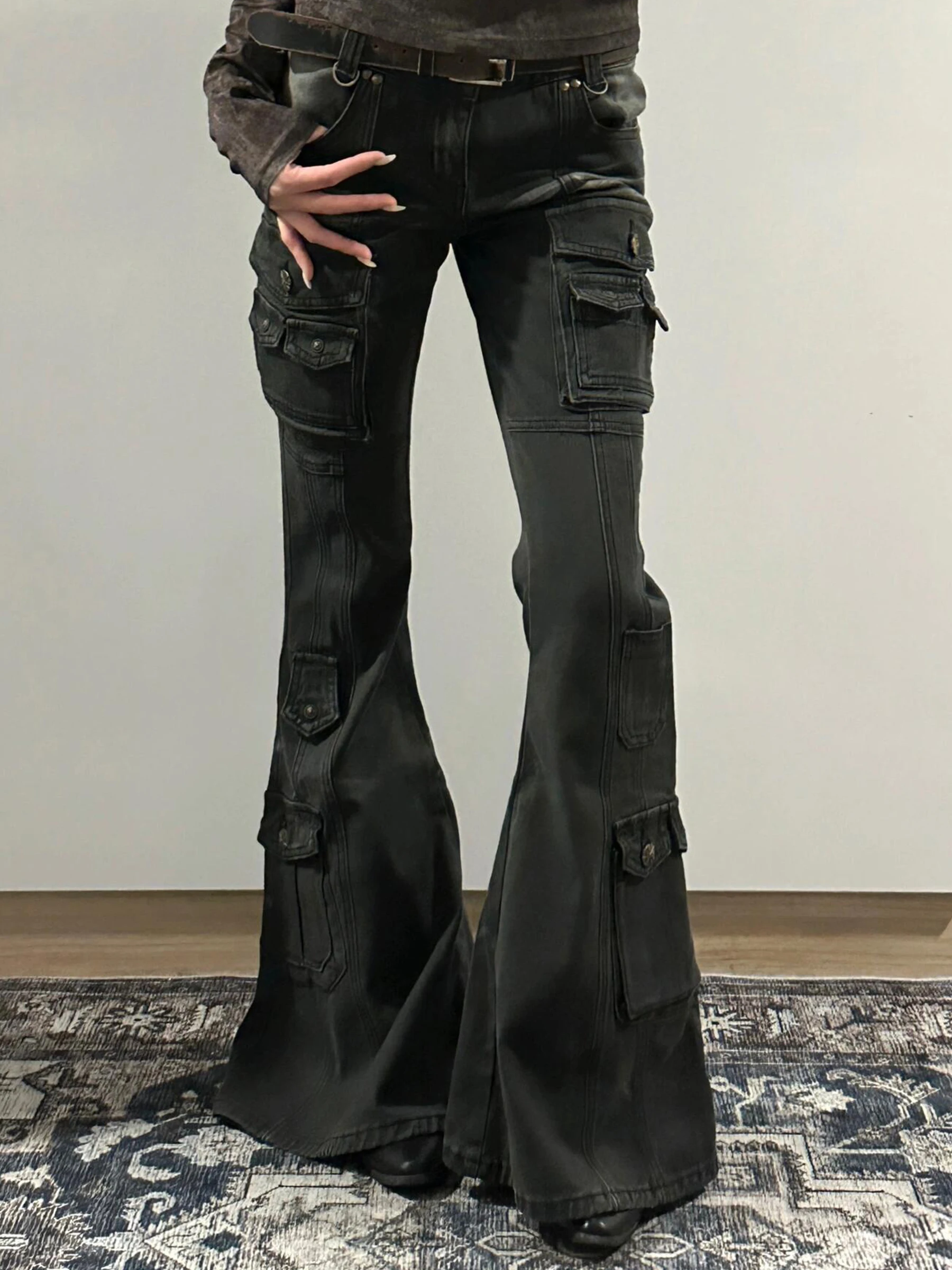 

Джинсы с высокой талией и расклешенными штанинами, женские черные джинсовые брюки, осенне-зимняя одежда, удобные облегающие брюки в стиле Y2K, рабочая одежда, брюки в стиле миллениум.