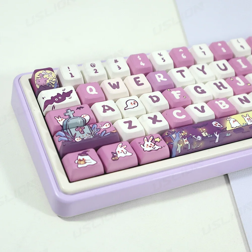 74/151 Keys Halloween Theme Spooky Rabbit Anime Keycaps MDA/Cherry Profile PBT Key Caps Purple Cute Horror Cartoon Keyboard Caps