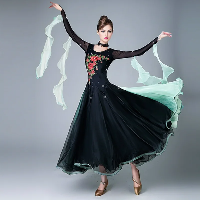 Abiti da valzer viennese neri Abiti da competizione di ballo da sala standard da donna Abiti da ballo Costumi di danza Abbigliamento da ballo da fata