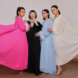 Luxury 2025 Spring Crystal Pleated Chiffon Maxi Dress Women's Long Full Sleeve Fur Evening Party Vestidos Autumn Robe
