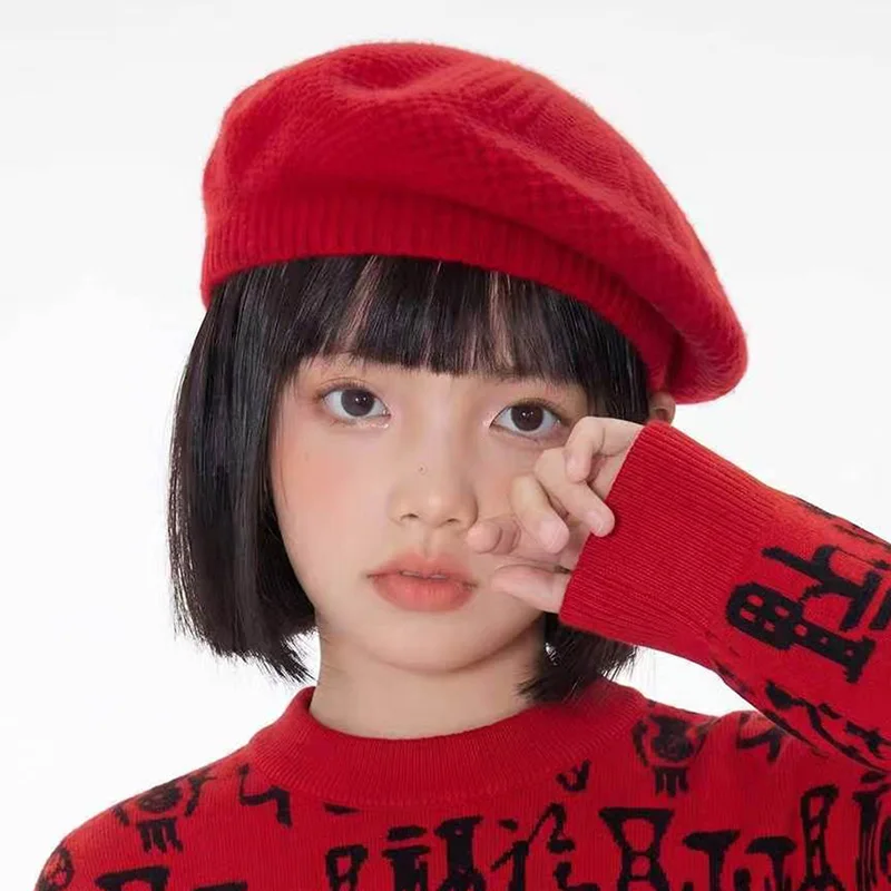 100% Goat Cashmere Children's Beret Cute Knitted Girl French Beret Autumn and Winter Fashion Solid Color Knitted Beret Girl