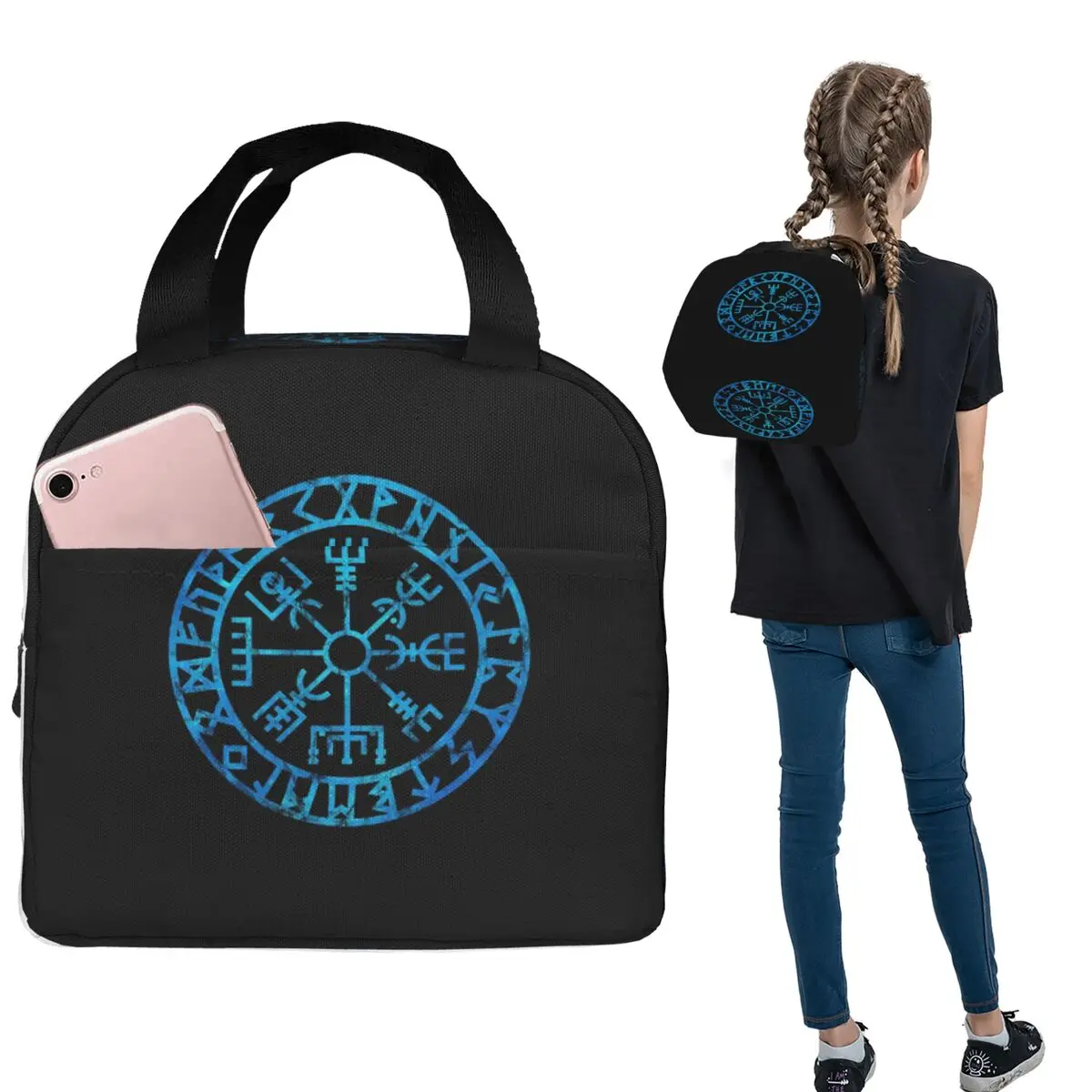 Norse Mythology Viking Protection Symbol Insulated Lunch Bag for Women Kids Leakproof Food Boxes Thermal Lunch Box Tote