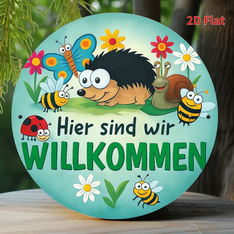 2D Flat - A 2D Flat-Printed Metal Sign Featuring a Cute Hedgehog And Garden Animals Design, with The German Phrase 'Here I Find