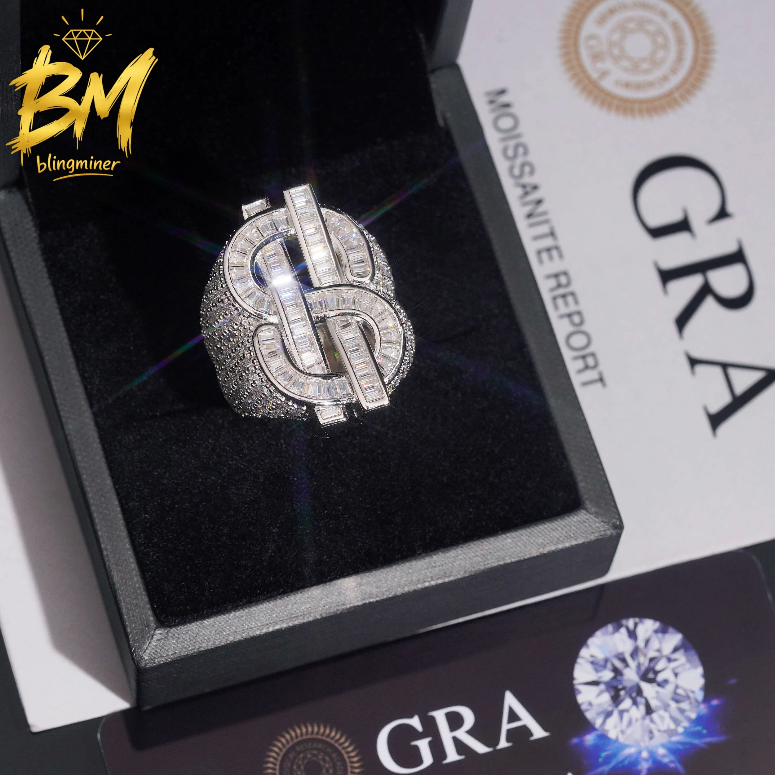 Blingminer Baguette US Dollar Sign VVS Moissanite Rings For Men Women S925 Silver Pass Diamonds Tester GRA Free Shipping