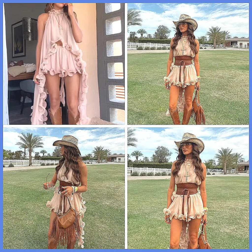 

Vintage Lace Up Crop Top & Low Waist Skirt Set, Ruffles Hem Summer Two Piece Outfit